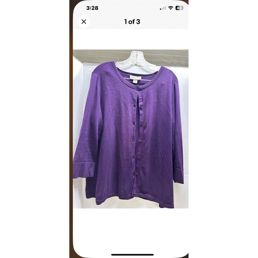 Coldwater Creek Sweater Women Extra Large Purple 3/4 Sleeve Cardigan Cotton Silk